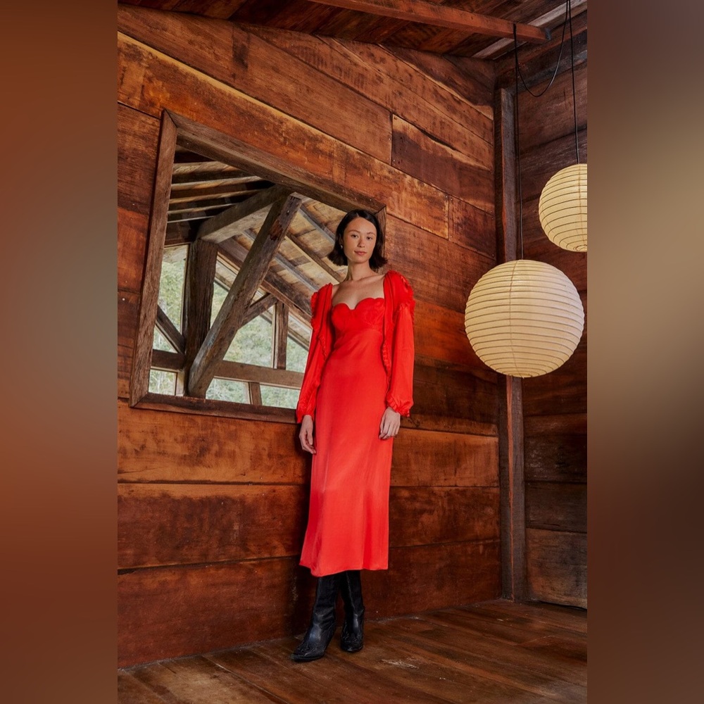 Farm Rio Heart Shaped Neckline Long Sleeve Midi Dress